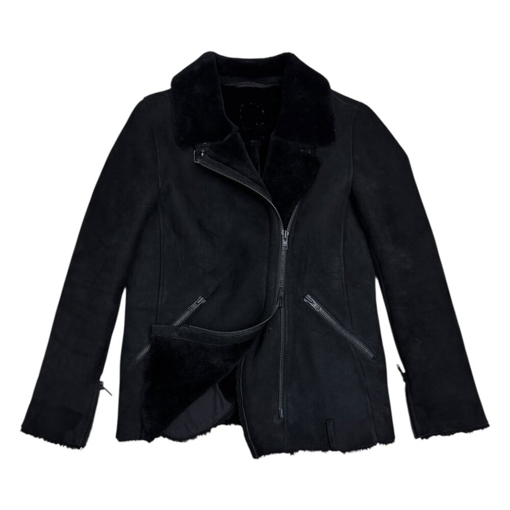 100% LAMB SHEARLING Just Female Vintage Luxury Jacket Coat Bomber Womens Small